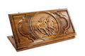 Exterior view of the classic wooden backgammon board showcasing the traditional horse design.