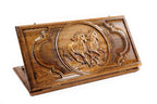 Exterior view of the classic wooden backgammon board showcasing the traditional horse design.