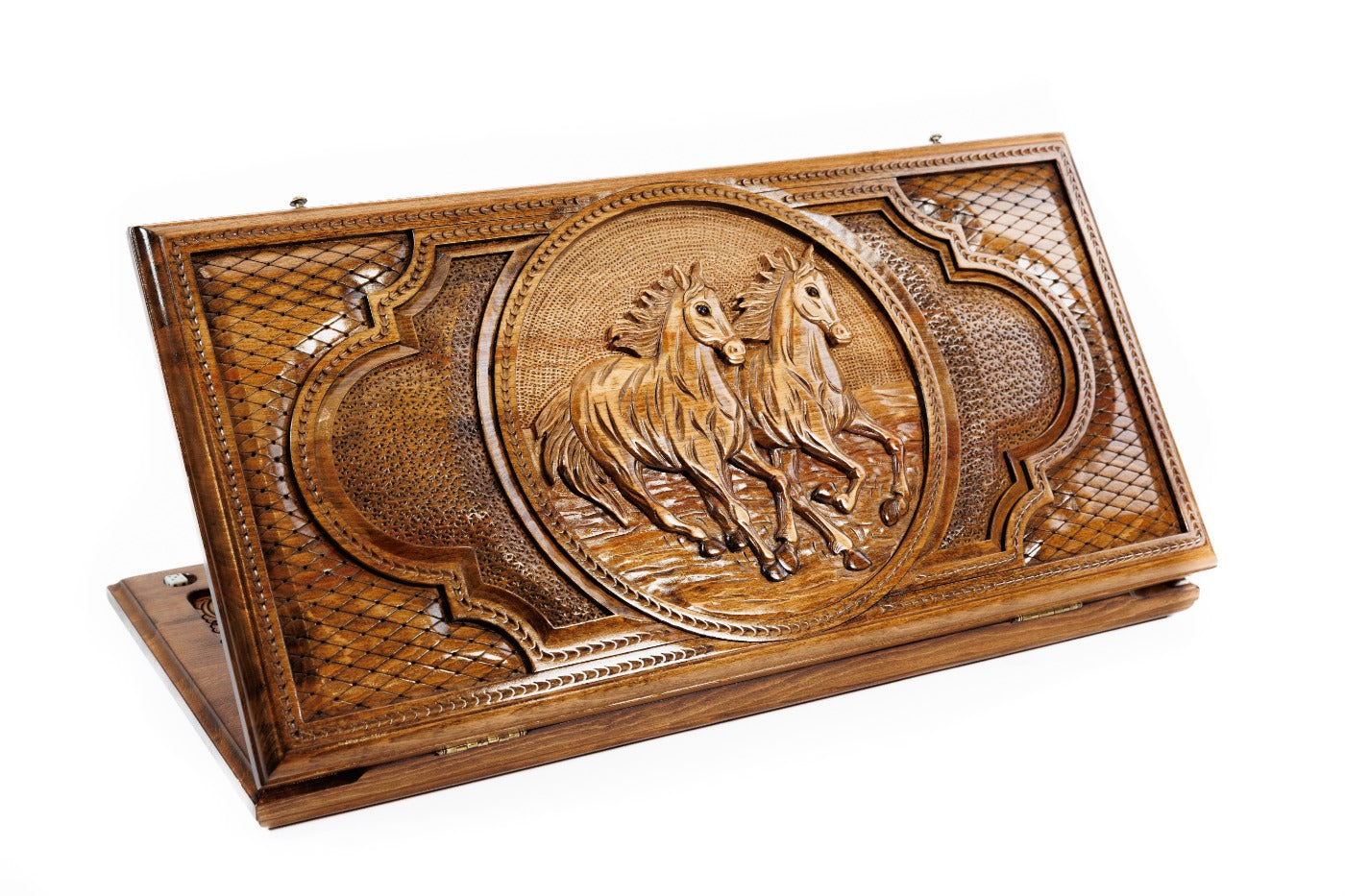 Exterior view of the classic wooden backgammon board showcasing the traditional horse design.
