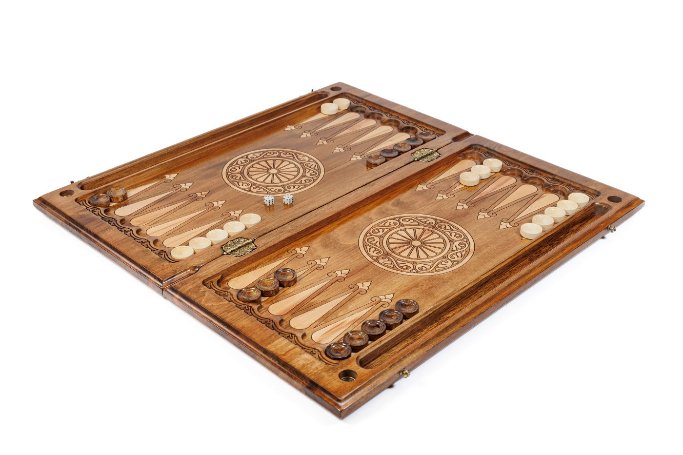 Close-up of the carved horse motif and precise wood finish on the backgammon set exterior.