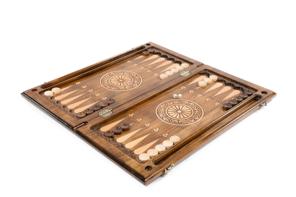 Premium handcrafted wooden backgammon board geometric symbolic design