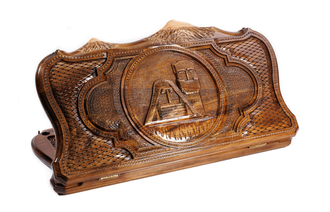 A frontal shot of the closed Artsakh backgammon board featuring the Tatik-Papik monument carved inside the copyrighted Mount Ararat outline.