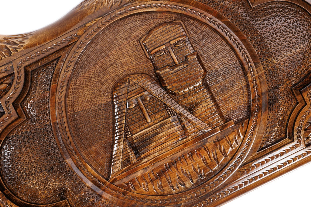 The interior view of the open Hrachya Ohanyan Artsakh set highlighting the rich wood grain and professional-grade playing surface.