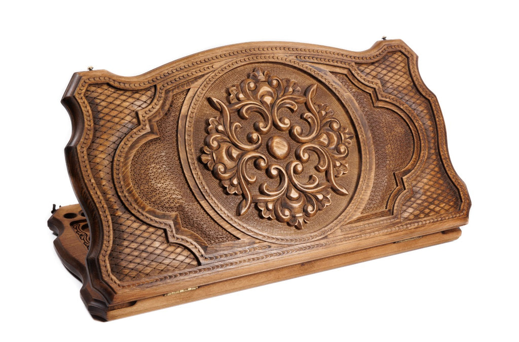 A frontal shot of the closed Ornamental backgammon board featuring intricate carvings inside the copyrighted Mount Ararat outline.