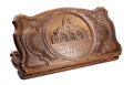 A frontal shot of the closed backgammon board featuring the St. Gayane Church carving within the copyrighted Mount Ararat outline.