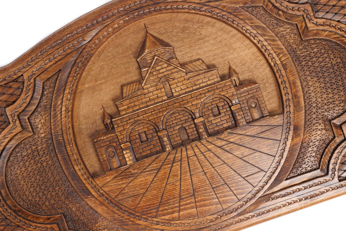 The interior of the open wooden backgammon set by Hrachya Ohanyan, showing the warm wood tones and professional pips.