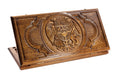 A split view of the two-sided backgammon board showing the Armenian national emblem and the Russian double-headed eagle carvings.