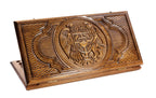 A split view of the two-sided backgammon board showing the Armenian national emblem and the Russian double-headed eagle carvings.