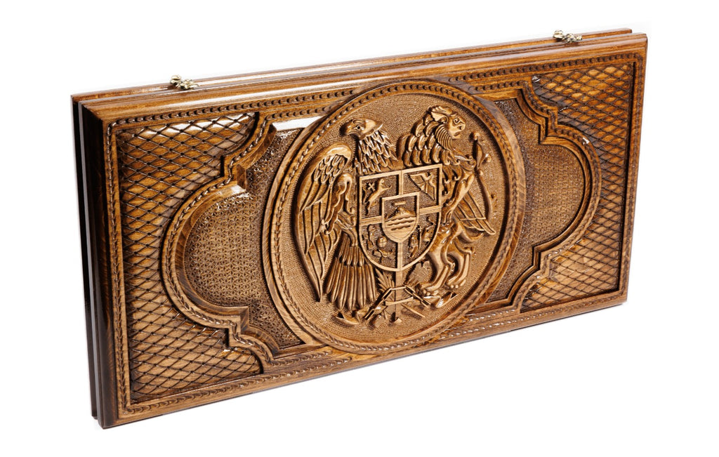 Dual Coat of Arms Wooden Backgammon Board - Armenia & Russian Federation - Unumperfectus