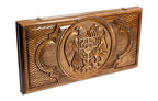 Dual Coat of Arms Armenia Russian Federation backgammon board - detail of the wood grain and finish