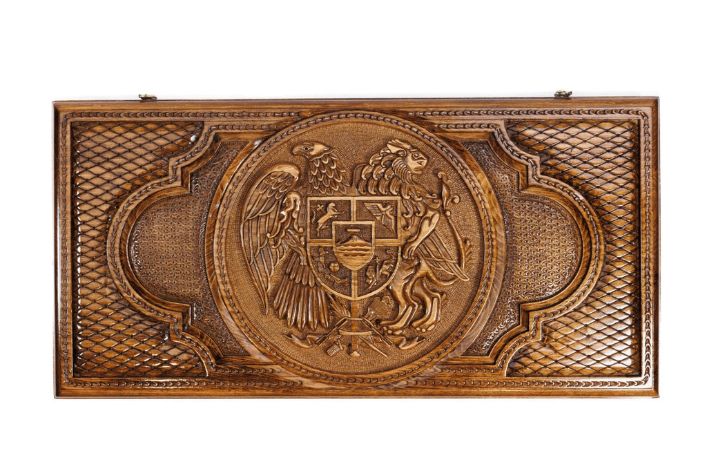 Dual Coat of Arms Wooden Backgammon Board - Armenia & Russian Federation - Unumperfectus