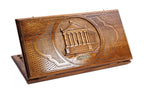 A frontal shot of the closed wooden backgammon case displaying the detailed colonnaded carving of the Garni Temple.