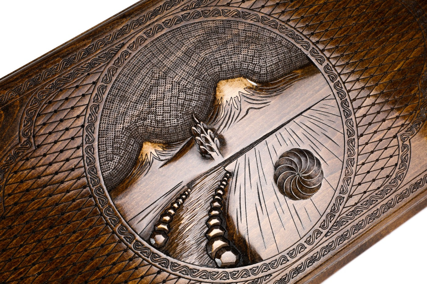 Handcrafted wooden backgammon set with Armenian motif detailing