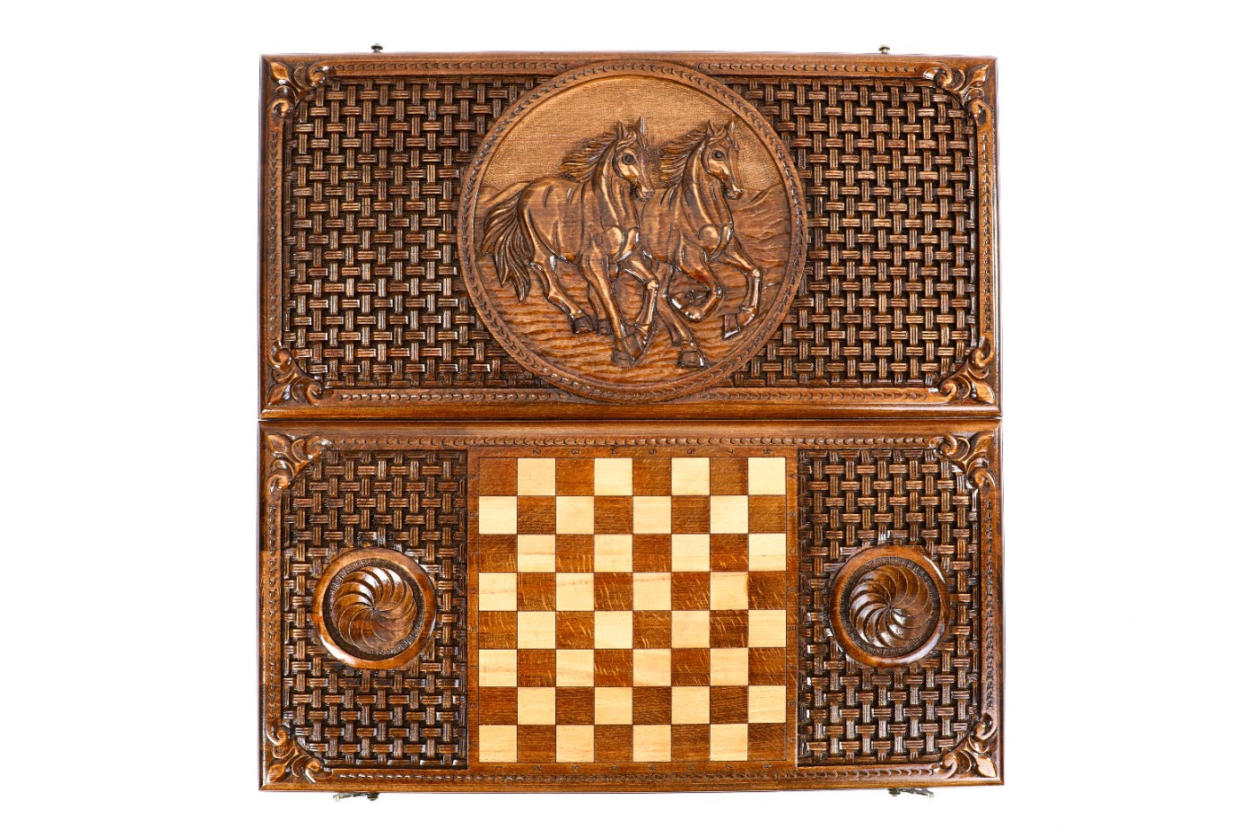 Classic Horse Wooden Backgammon Board - Braid Motifs - Unumperfectus