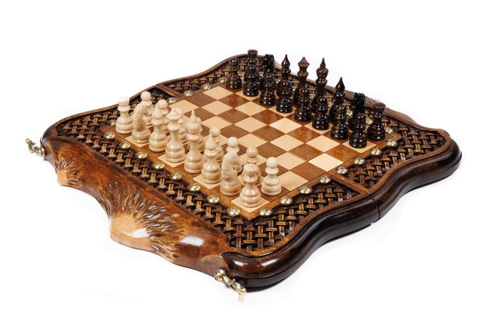 Luxury Armenian wooden chess set with ornamental braid pattern and Mount Ararat outline