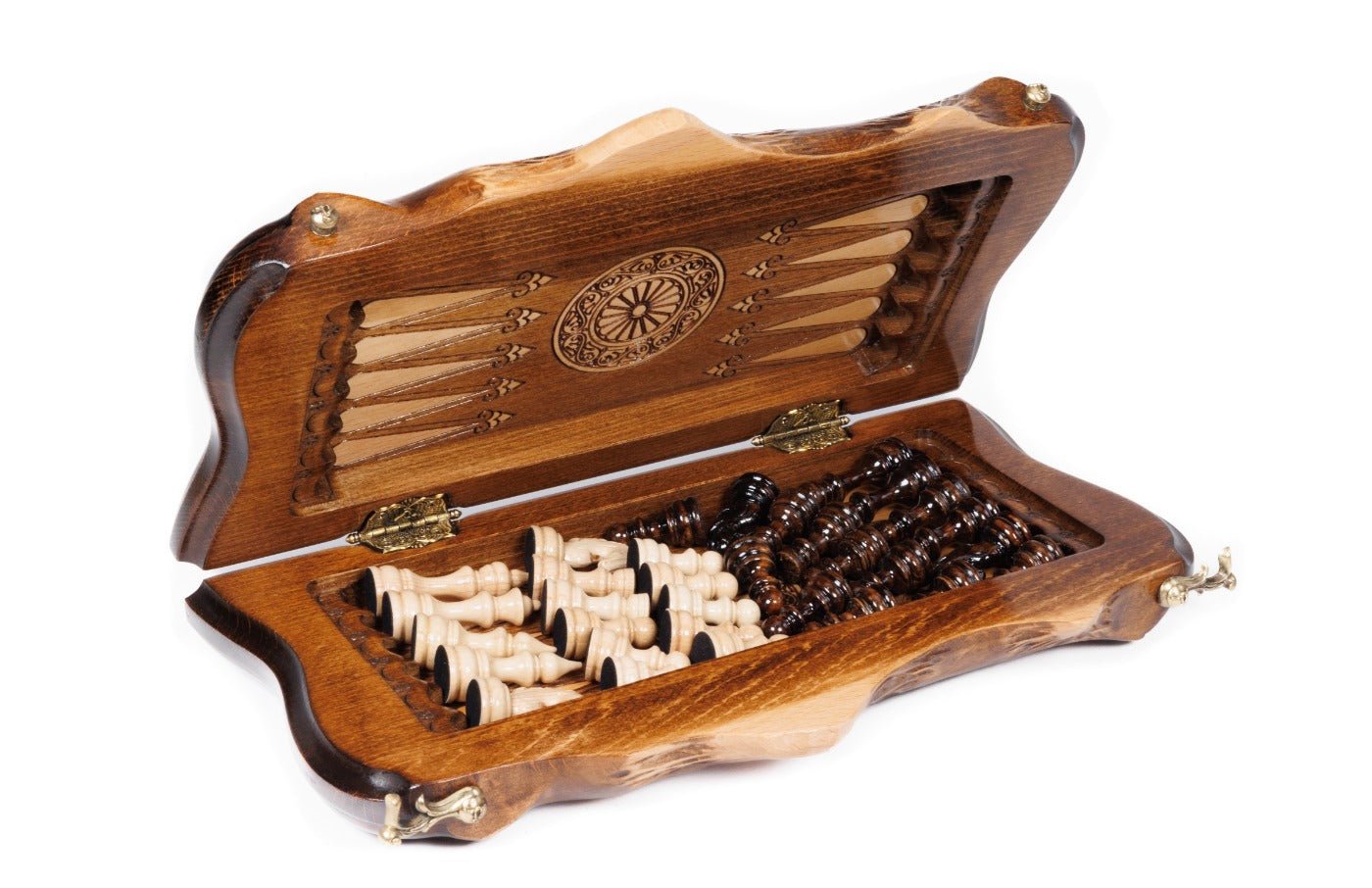 Wooden Carved Chess Set & Backgammon With Ornamental Braid 50 cm / 19.7" - Unumperfectus