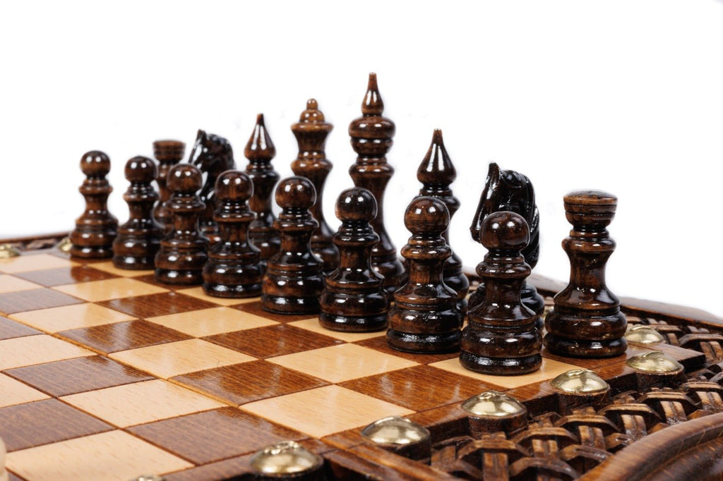 Wooden Carved Chess Set & Backgammon With Ornamental Braid 50 cm / 19.7" - Unumperfectus