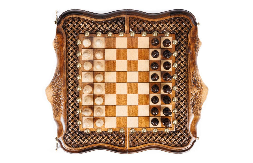 Wooden Carved Chess Set & Backgammon With Ornamental Braid 50 cm / 19.7" - Unumperfectus