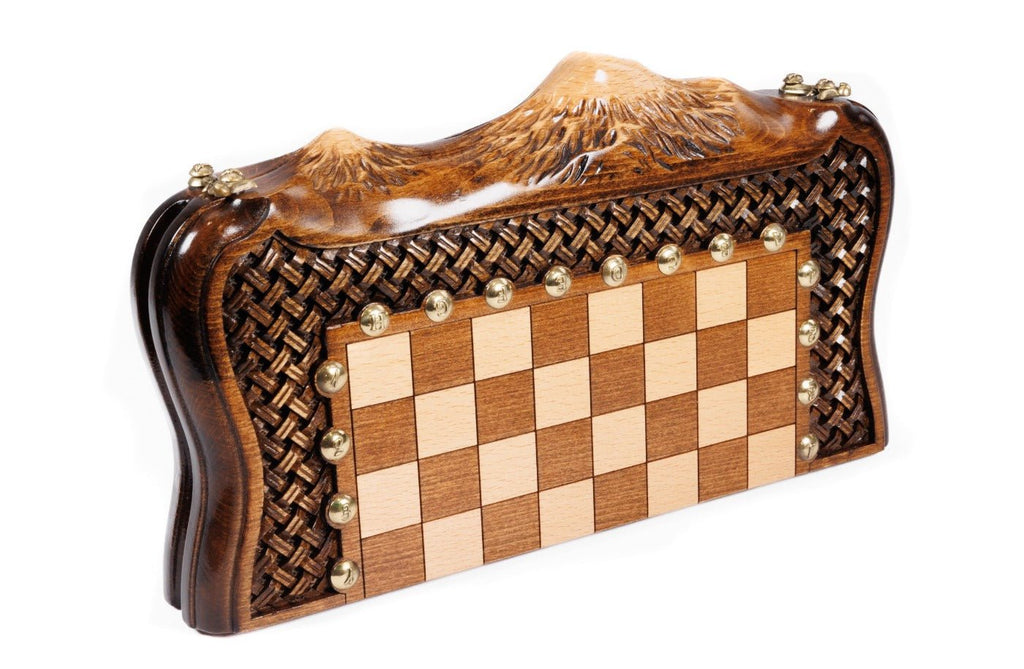 Wooden Carved Chess Set & Backgammon With Ornamental Braid 50 cm / 19.7" - Unumperfectus