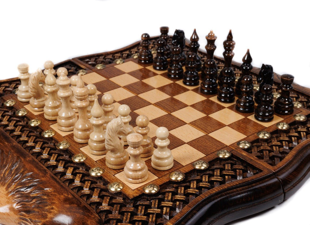 Handcrafted wooden chess set and wooden backgammon Armenian themed design