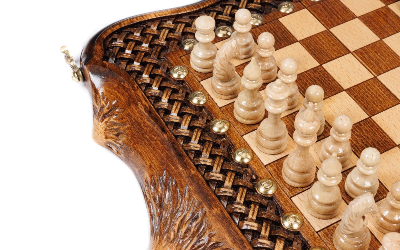 Wooden Carved Chess Set & Backgammon With Ornamental Braid 50 cm / 19.7" - Unumperfectus