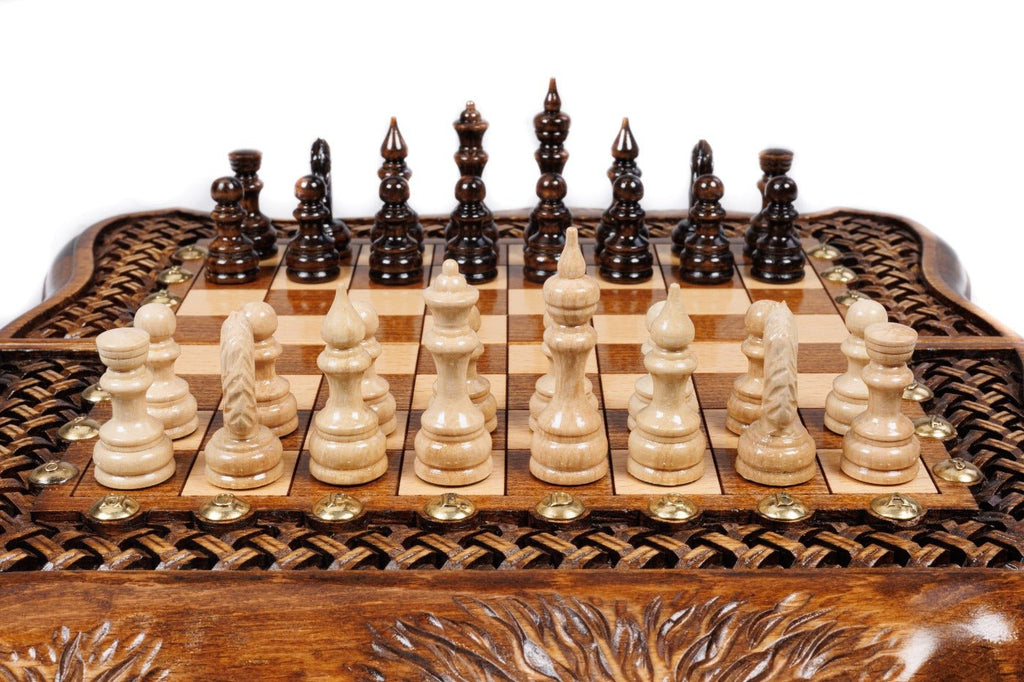 Wooden Carved Chess Set & Backgammon With Ornamental Braid 50 cm / 19.7" - Unumperfectus