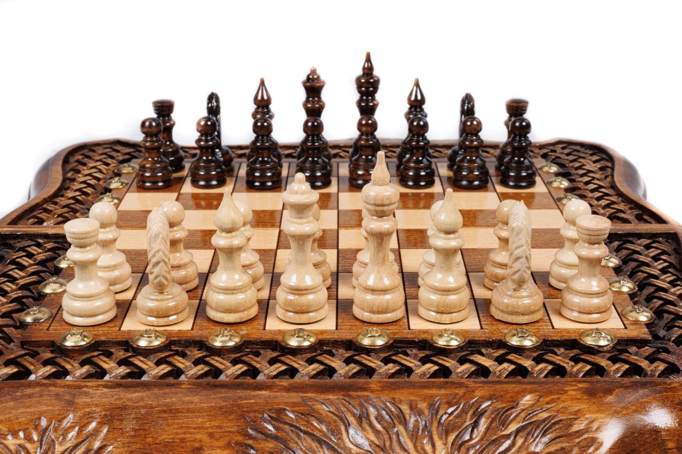 Wooden Carved Chess Set & Backgammon With Ornamental Braid 50 cm / 19.7" - Unumperfectus