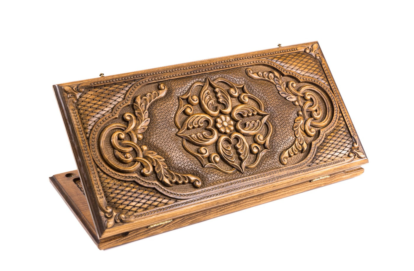 Exterior view of the classic wooden backgammon board showcasing the intricate ornamental design.