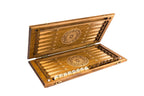 Ornamental Classic backgammon board - playing pieces and dice arranged on the board