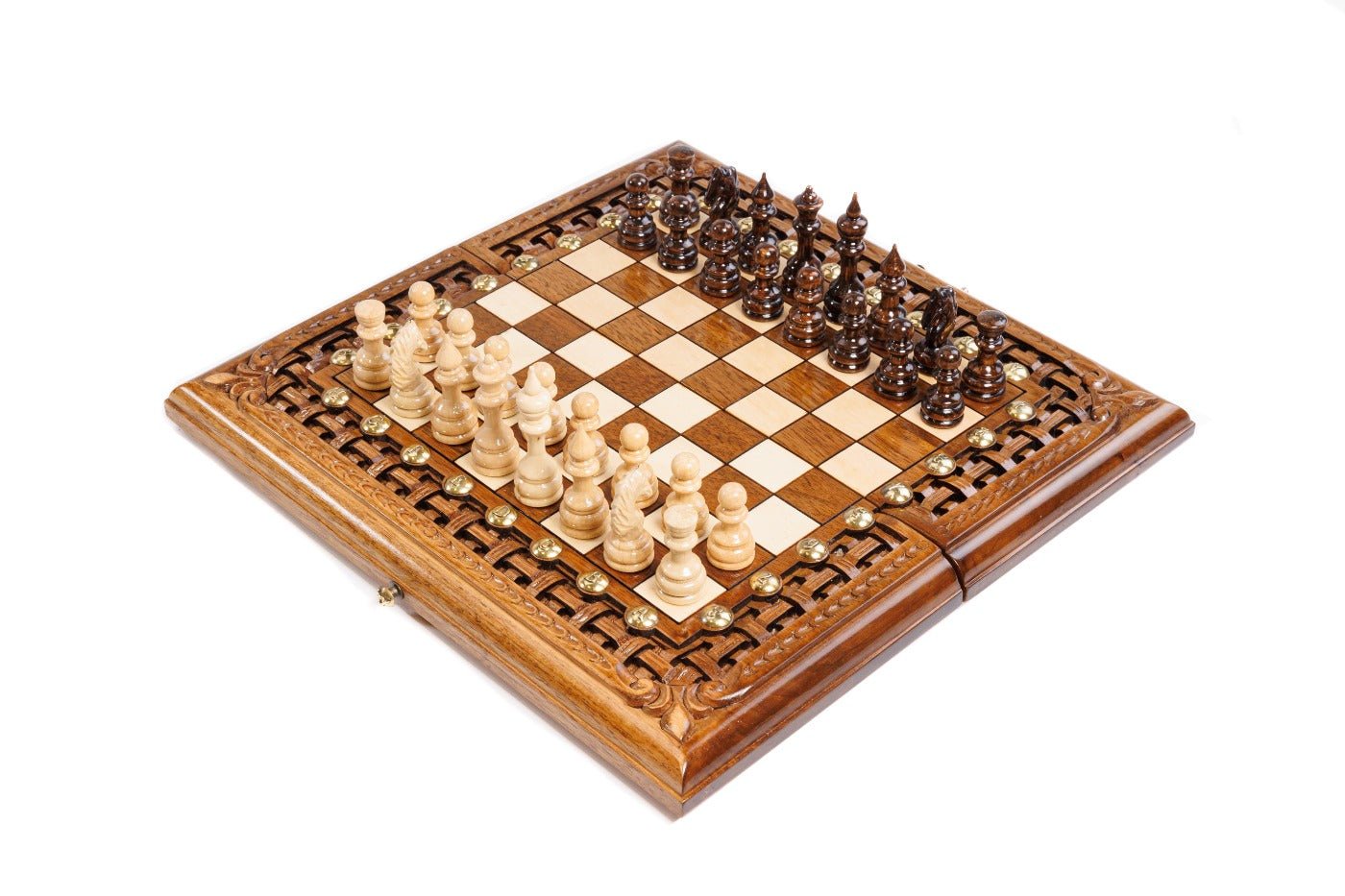 Wooden chess set with geometric tile pattern border in natural beech wood — by Hrachya Ohanyan