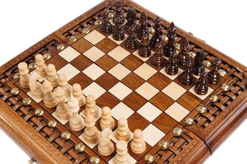 Handcrafted chess board and backgammon set with engraved geometric ornamental border