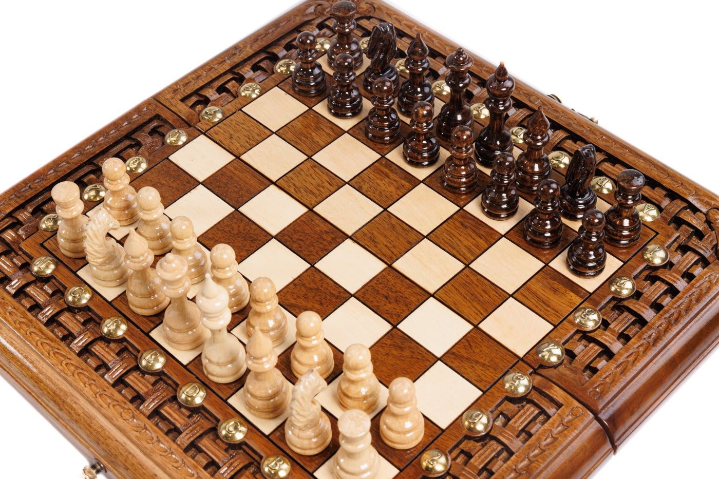 Handcrafted chess board and backgammon set with engraved geometric ornamental border