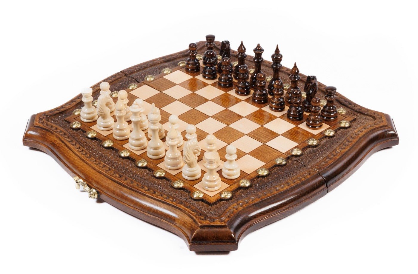 Luxury Armenian chess set with contour outline wooden design