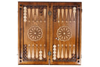 Coat of Arms of Russian Federation backgammon board - playing pieces and dice arranged on the board