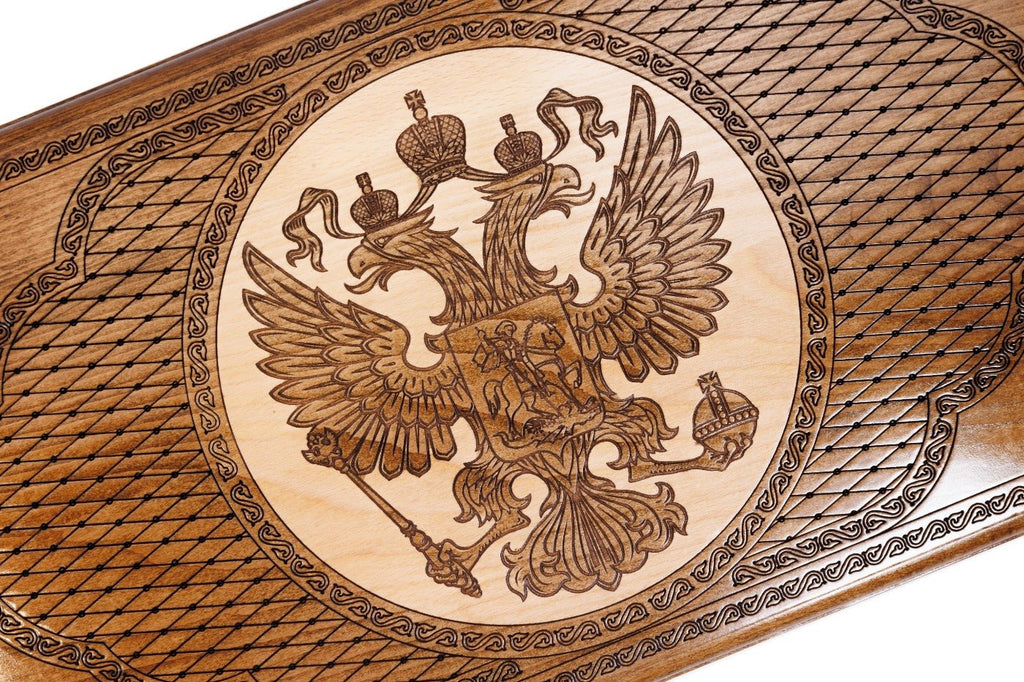 Handcrafted backgammon set with engraved Russian emblem detailing