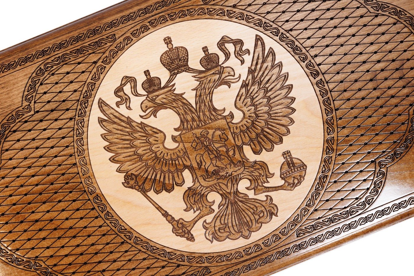 Handcrafted backgammon set with engraved Russian emblem detailing