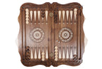 “Anush” Incrustation backgammon board - playing pieces and dice arranged on the board
