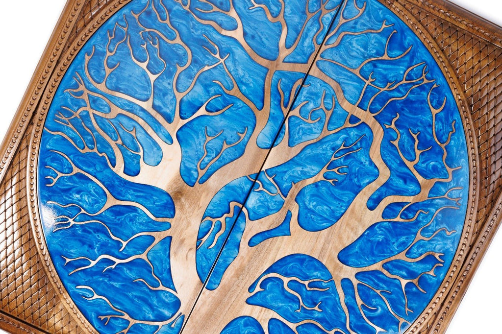 Luxury backgammon board tree inspired epoxy artistic wood finish