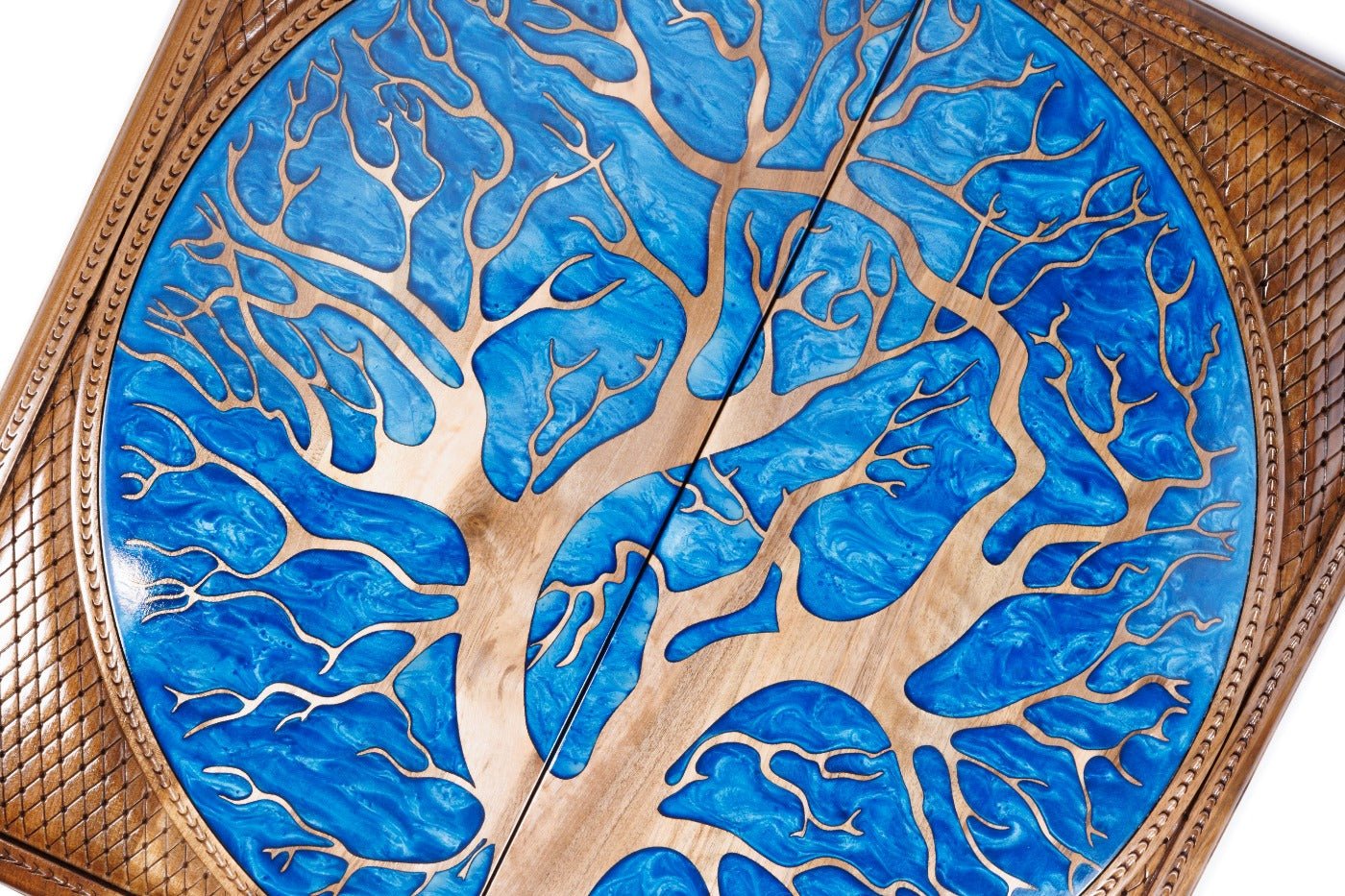 Luxury backgammon board tree inspired epoxy artistic wood finish
