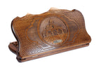 A frontal shot of the closed wooden backgammon board showcasing the intricate St. Gayane Church engraving and the Mount Ararat silhouette.