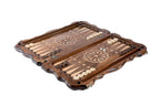 Wooden backgammon board with classic ornamental pattern and dual-sided design