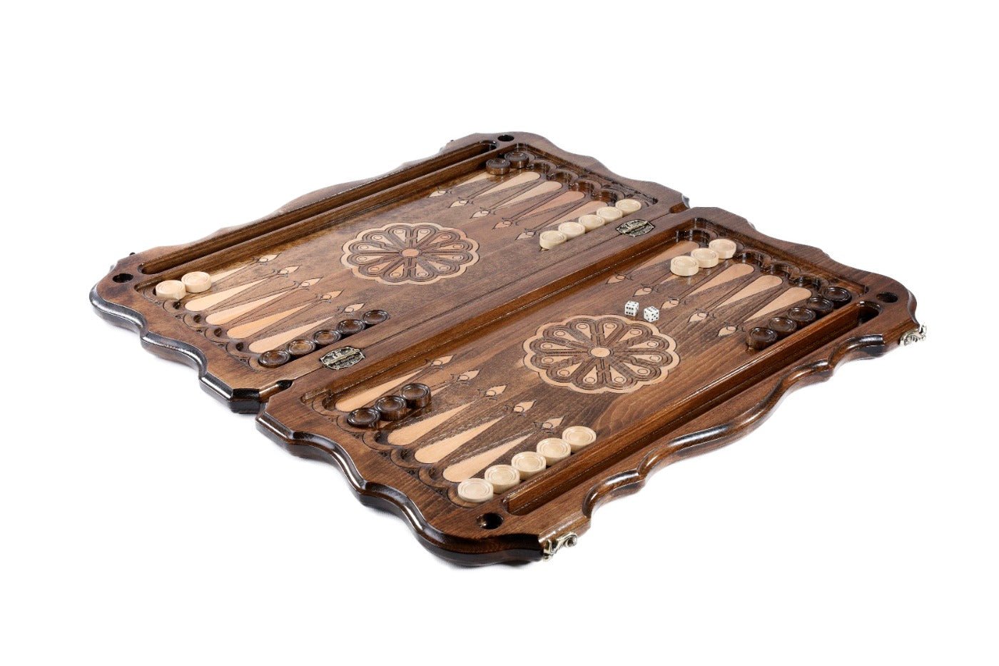 Wooden backgammon board with classic ornamental pattern and dual-sided design