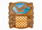 Eagle Sky Blue Epoxy backgammon board - playing pieces and dice arranged on the board