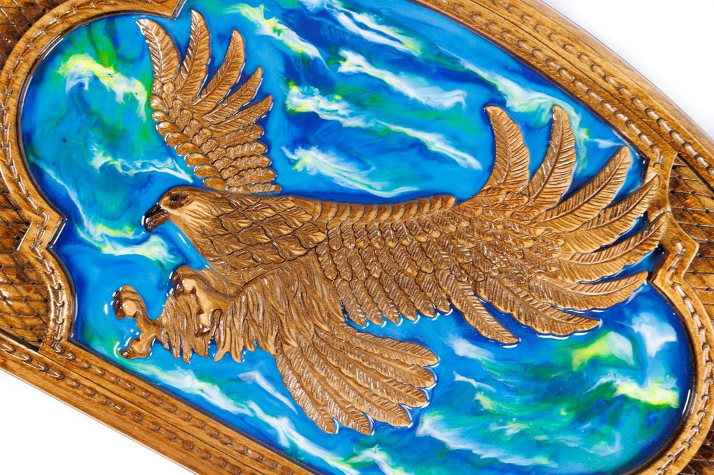 Luxury backgammon board with eagle artwork and blue epoxy detail