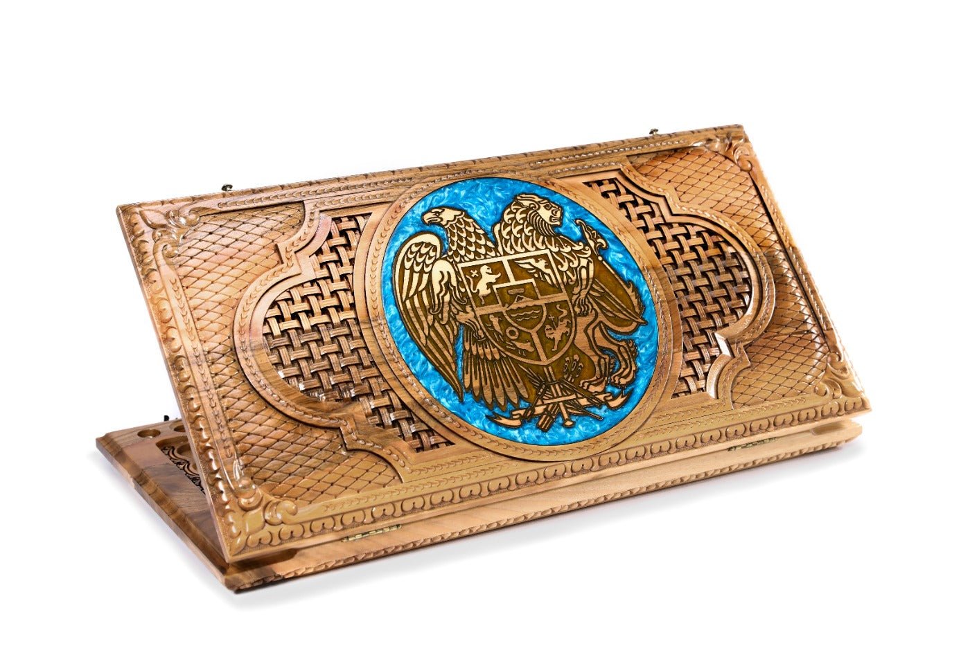 Armenia coat of arms epoxy wooden backgammon board braid motif design