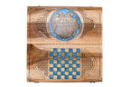 Coat of Arms of Armenia Epoxy Braid Motif backgammon board - playing pieces and dice arranged on the board
