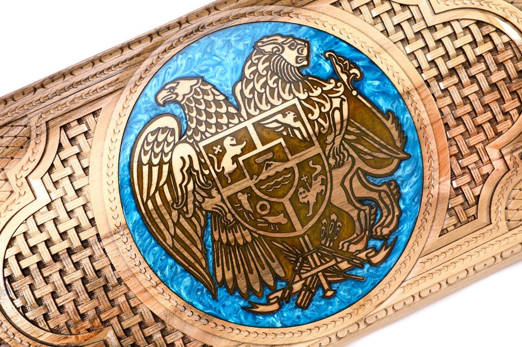 Luxury backgammon board with Armenian heraldic epoxy artwork detail