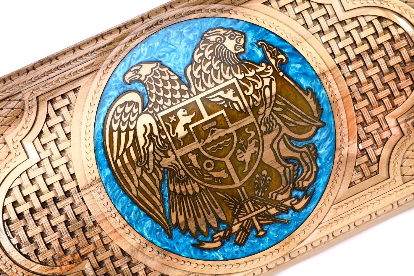 Luxury backgammon board with Armenian heraldic epoxy artwork detail