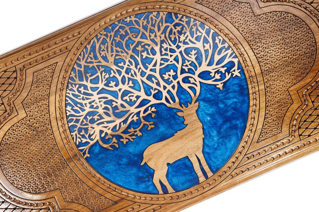 Luxury backgammon board with deer artwork and epoxy detail