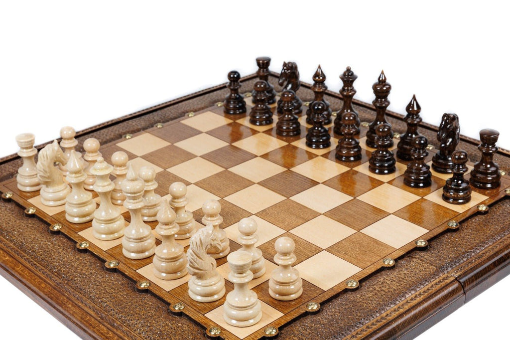 Handcrafted wooden chess board and backgammon set with hand-carved stippled texture and scalloped frame detail